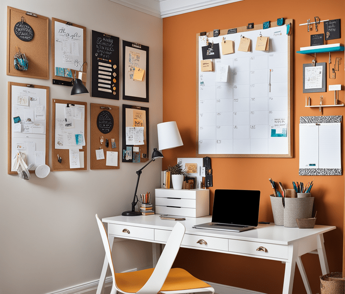 Decorative prints and functional wall elements adorn the small bedroom office walls. A corkboard displays notes and inspirational quotes, while an artistic magnetic whiteboard serves as a creative space for ideas and brainstorming.