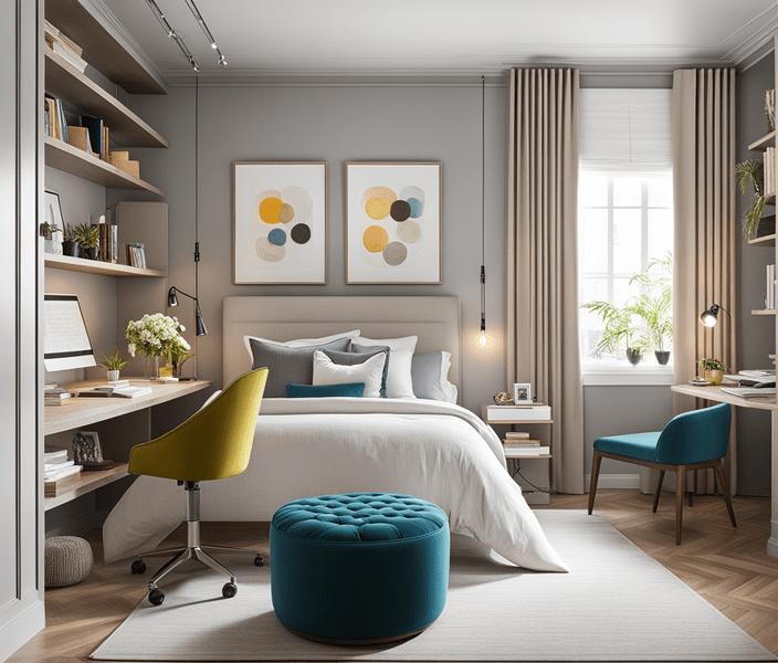 A small bedroom office with a light and neutral color palette, creating a visually spacious feel. Pops of color from decor items, such as cushions and artwork, add vibrancy to the small bedroom office without overwhelming the limited space.