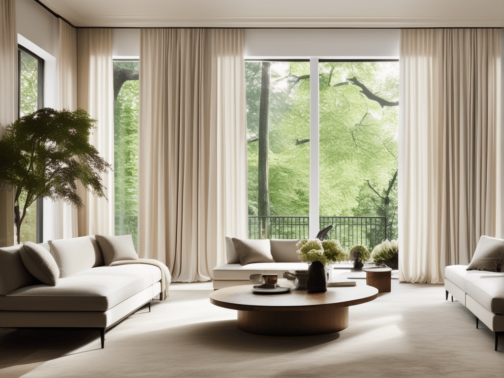 A living room with light-colored drapes drawn back to reveal a window, allowing natural light to flood the space. Mirrors strategically placed opposite the window reflect light, creating a bright and airy atmosphere.