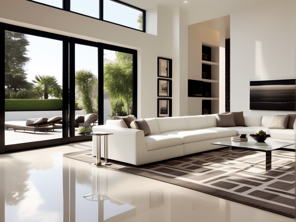 A small living room with light-colored, reflective flooring materials. Area rugs define different sections within the room, adding visual interest without overwhelming the space.