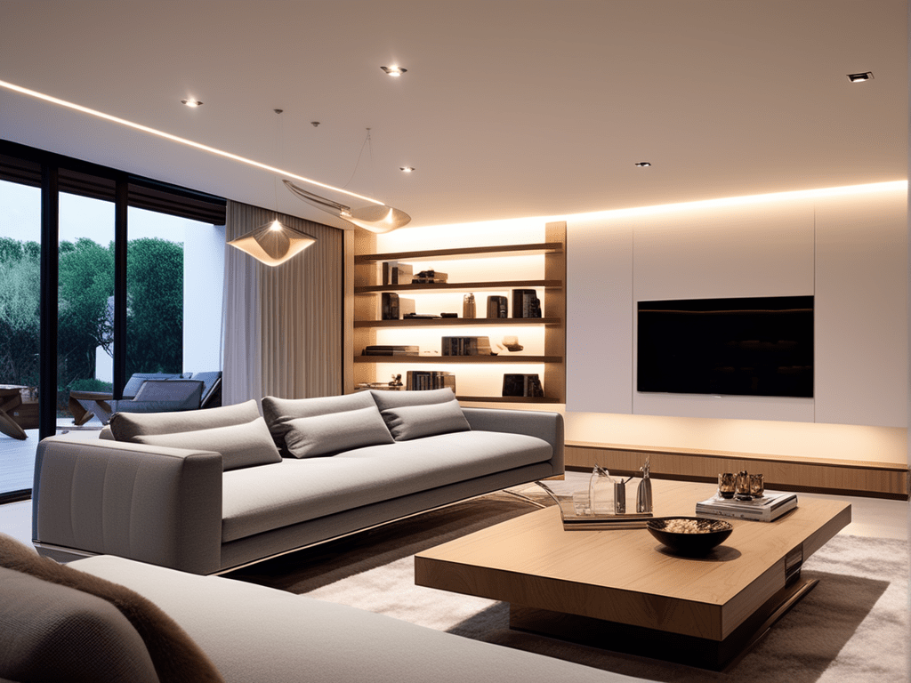 The small ranch living room is decorated with A sleek entertainment unit with integrated storage solutions. Smart lighting fixtures are strategically placed to enhance ambiance, eliminating the need for bulky lamps.