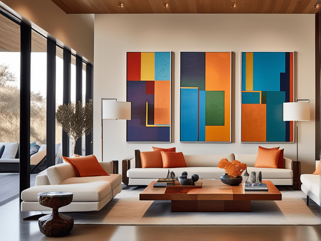 The small ranch living room is decorated with vertical artwork and wall-mounted organizers adorn the walls, adding visual interest and serving practical purposes in the limited space.