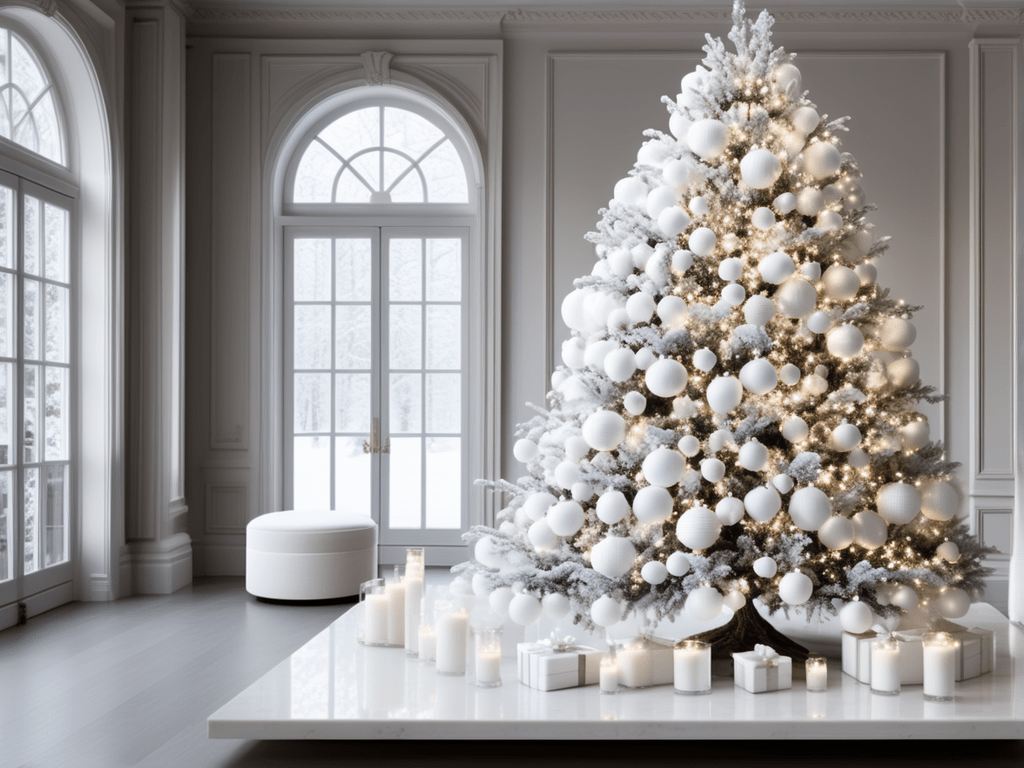 An enchanting snapshot of a Christmas tree adorned entirely in white ornaments. The monochromatic look radiates purity and simplicity, creating a serene and visually stunning centerpiece that captures the magic of the season.