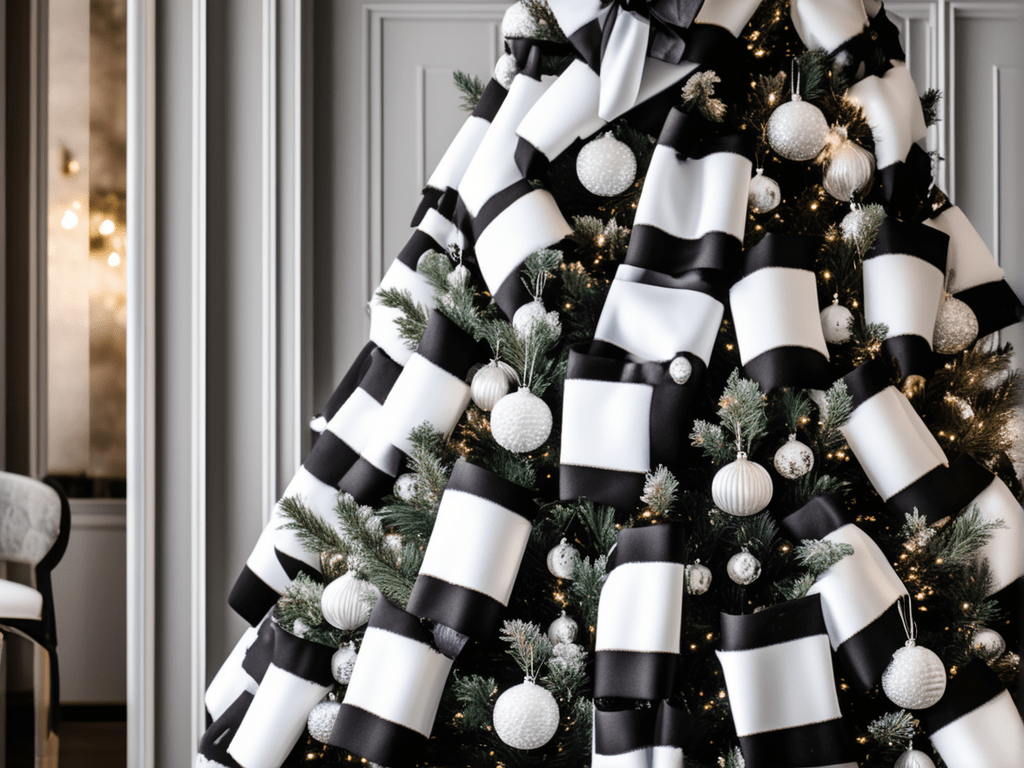  A cozy and timeless image featuring a Christmas tree decorated in a White-and-Black plaid theme.