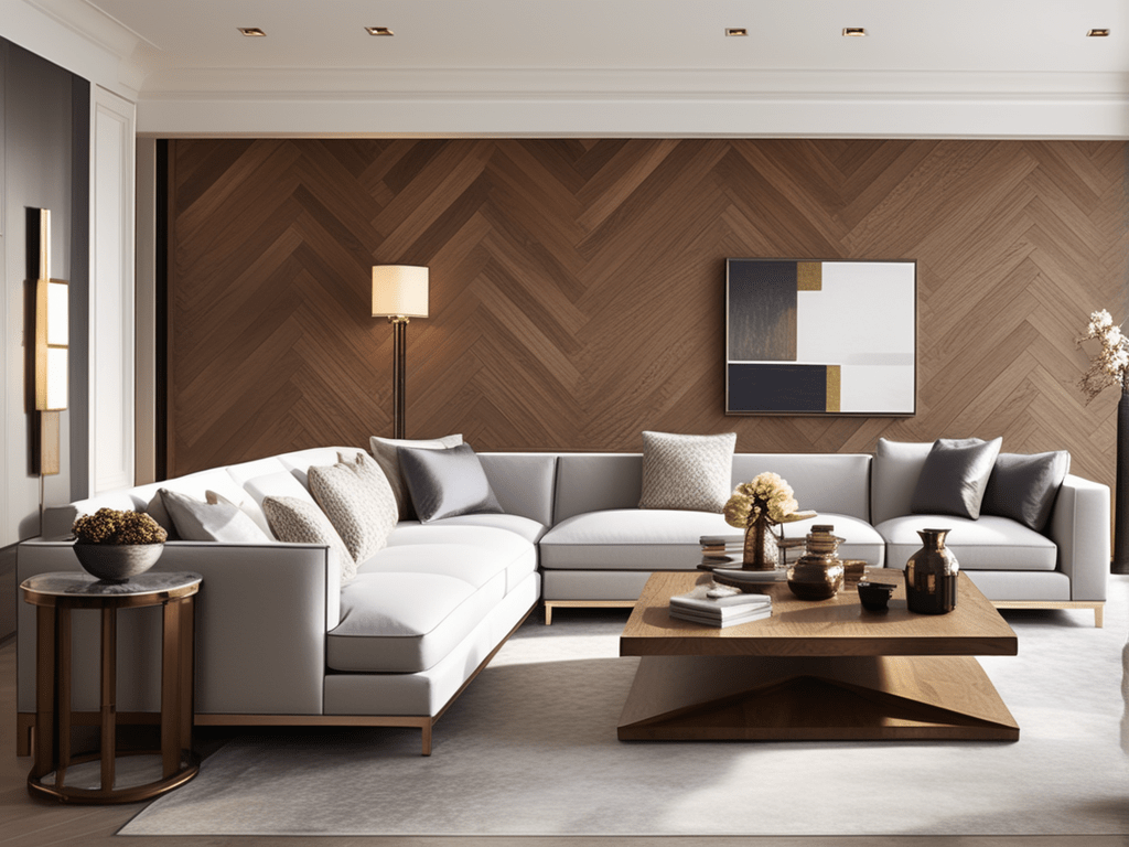 A living room paying homage to tradition with a herringbone-patterned wood accent wall.