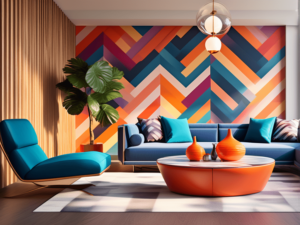 A visually stunning living room with a chevron-patterned wood accent wall, showcasing the dynamic and artistic flair of this design choice.