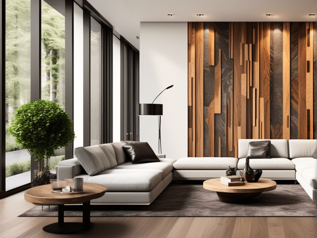 A living room featuring a mosaic wood accent wall, blending various wood tones and textures to mimic the diversity of a forest.