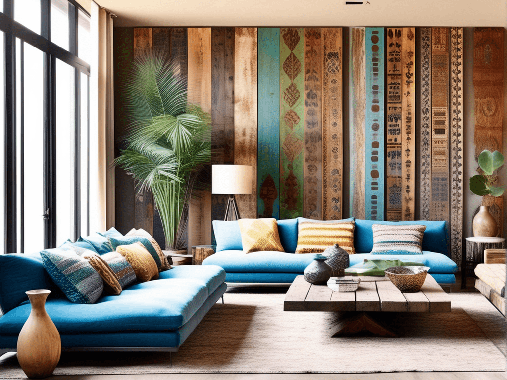 A bohemian-inspired living room with an eclectic reclaimed wood accent wall.