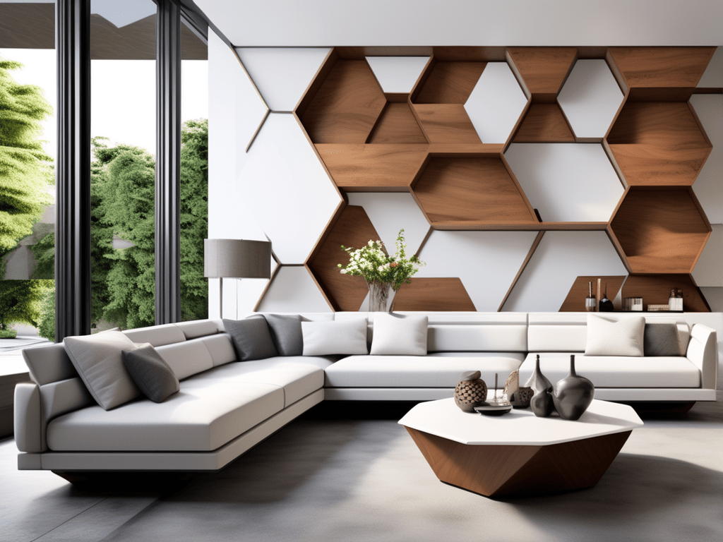 A modern living room featuring a hexagonal wood accent wall, showcasing the geometric precision of the hexagonal patterns.