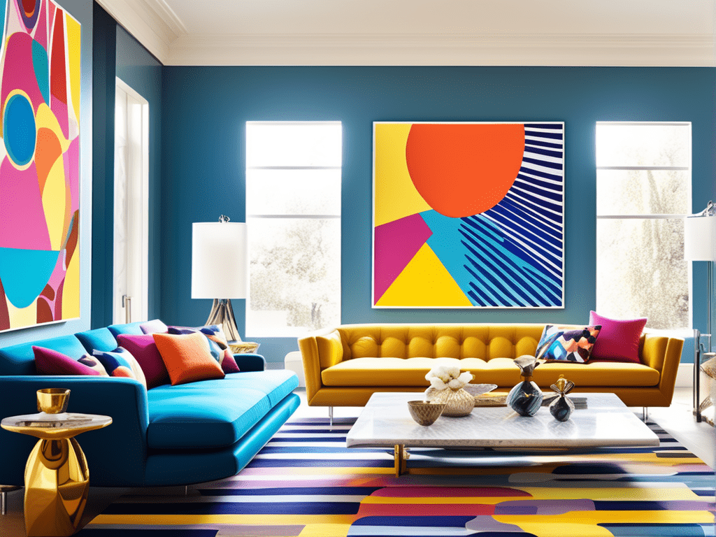 The living room is decorated with vibrant hues and eye-catching graphic prints. Through accent furniture, wall art, or textiles, bold tones and prints add a playful and dynamic touch.