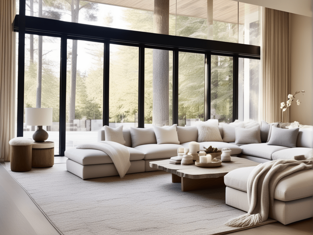 The living room is decorated with texture-rich neutrals, cozy knit throws, plush cushions, and soft rugs in varying shades of white, beige, and gray.