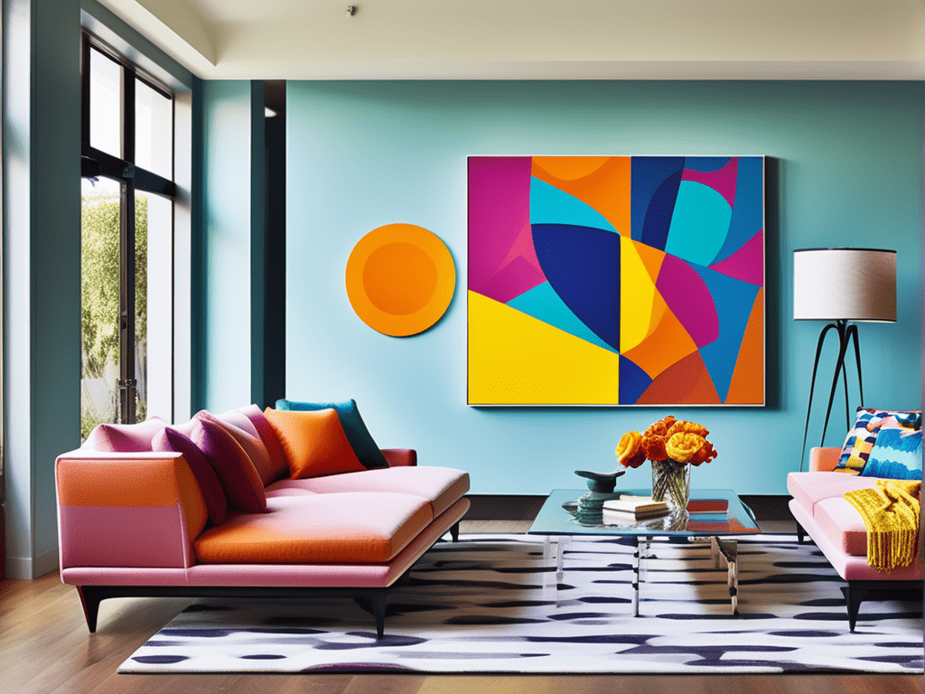 The living room is decorated with a vibrant palette and eye-catching graphic prints, accent furniture, statement walls, or vivid artwork.