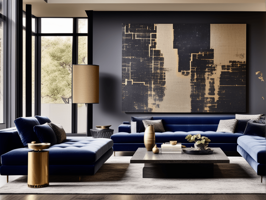 The living room is decorated with a moody New York-inspired theme. Embrace darker tones, low lighting, and rich textures to create a cozy and intimate ambiance. Incorporate velvet furniture, subdued artwork, and ambient lighting for a sophisticated and inviting living space.