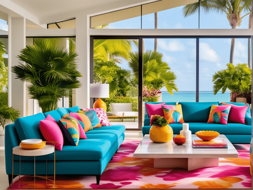 The living room is decorated with vibrant patterns of Palm Beach, bold florals, geometric prints, and vibrant hues.