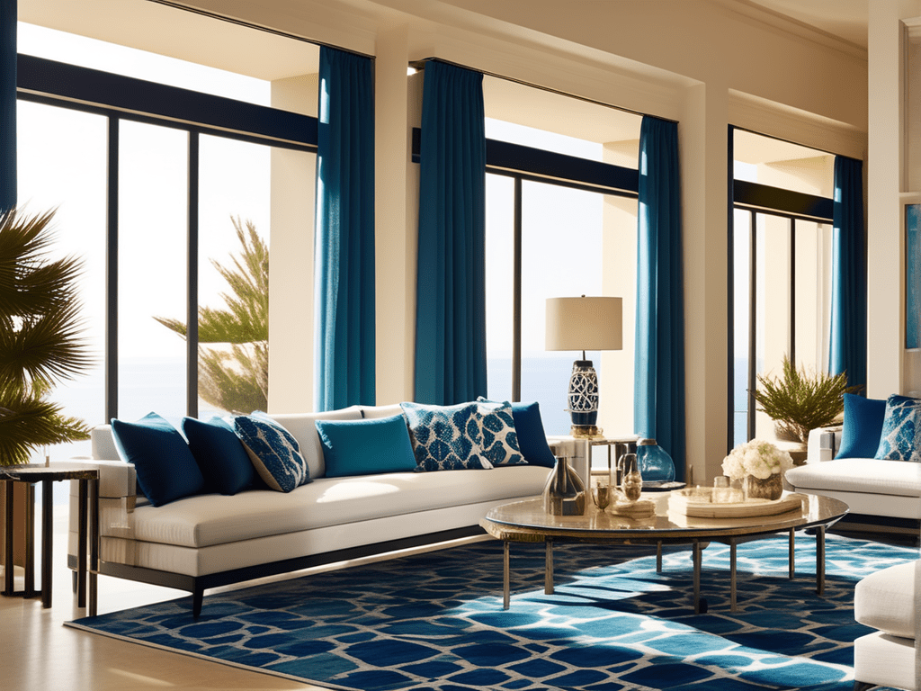 Use varying shades of blue, from deep navy to tranquil turquoise, in your decor. This color scheme, combined with Mediterranean-inspired furniture and accessories, creates a serene and refreshing living space.