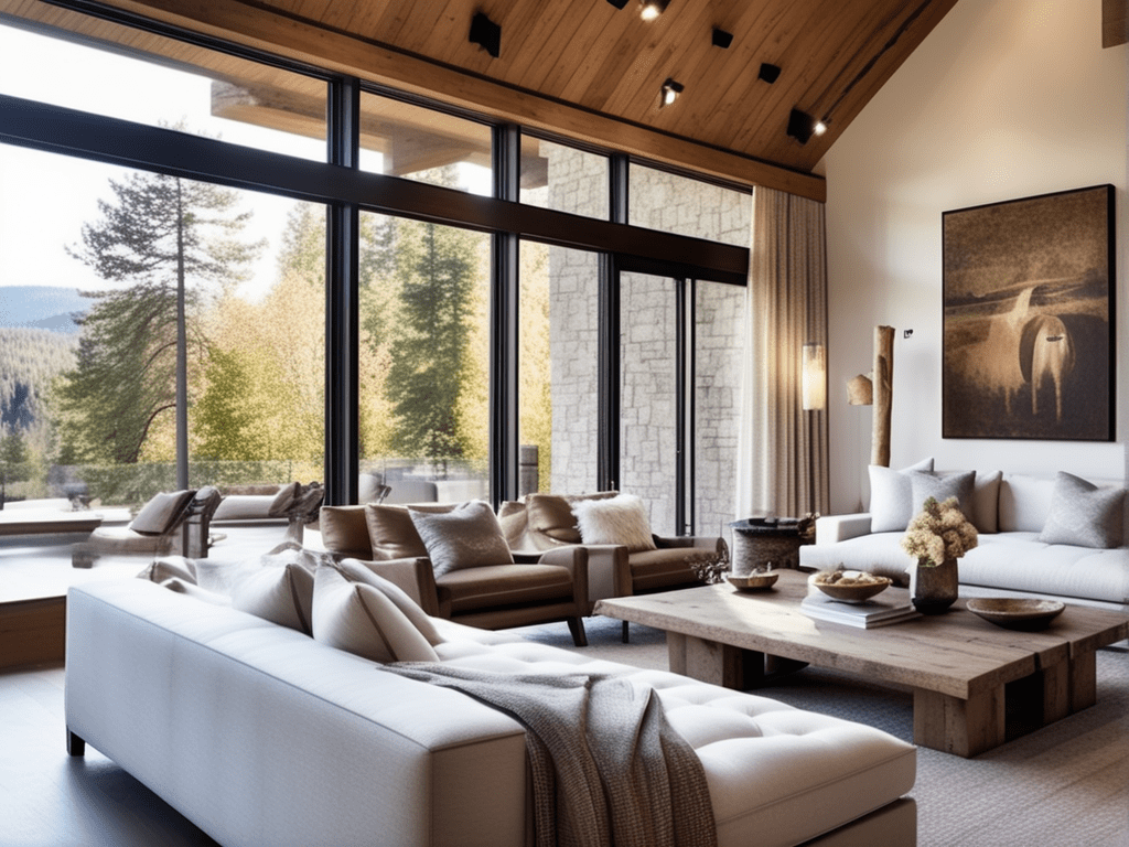 The living room is decorated with rustic elements, earthy tones, and warm lighting. Incorporate wooden furniture, plush blankets, and nature-inspired decor for a living room that exudes comfort and the tranquility of countryside living.