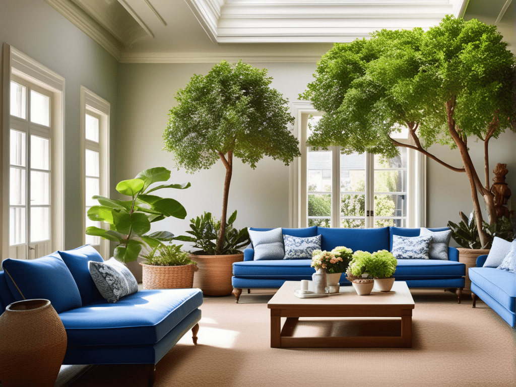 A living room decoration with traditional potted plants and introduce fun trees.