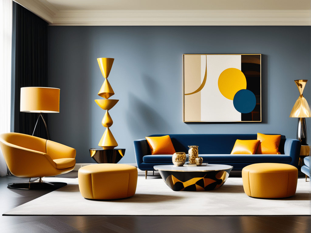 A living room decorated with bold silhouettes, sculptural chairs, geometric tables, or striking wall art.