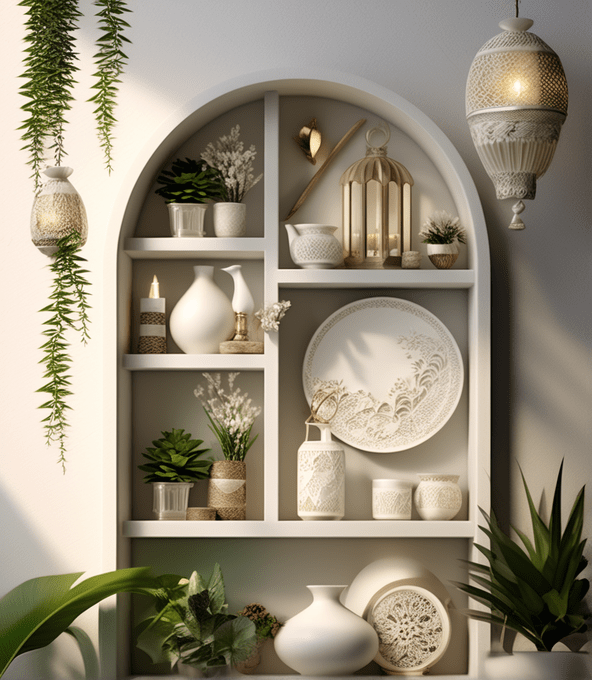 Some decoration elements displayed in shelves creatively