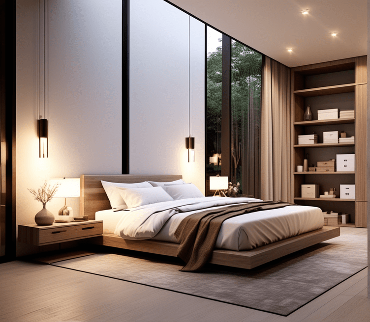 A minimalist and clutter-free bedroom design with a neutral color palette and soft textures. Thoughtful touches like cozy lighting fixtures contribute to the soothing ambiance. Storage solutions, such as baskets or bins, maintain a clean and serene space, promoting relaxation and tranquility.