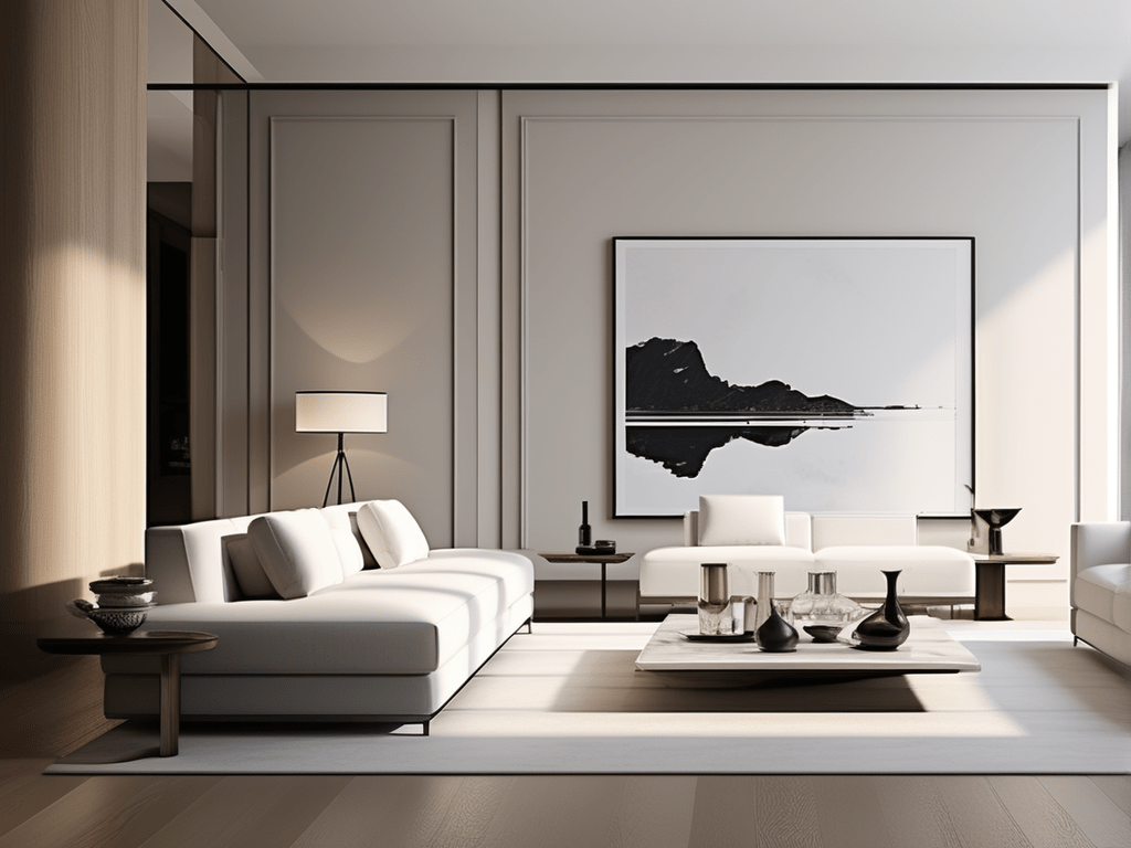 A modern living room with a minimalistic dado rail, characterized by clean lines and neutral tones. The seamless interaction between crystal whites, soft greys, and delicate beiges enhances visual fluidity, creating a serene and uncluttered aesthetic that complements contemporary furniture and abstract wall art.