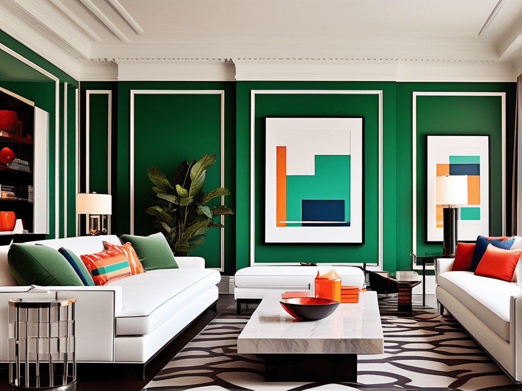 An eye-catching living room with a dado rail featuring bold and vibrant paint colors. The striking interplay of colors, such as crimson against neutral beige walls or opulent emerald green against cool grey, creates a visually dynamic space. The dado rail serves as a framing element, highlighting the vivid accent colors.