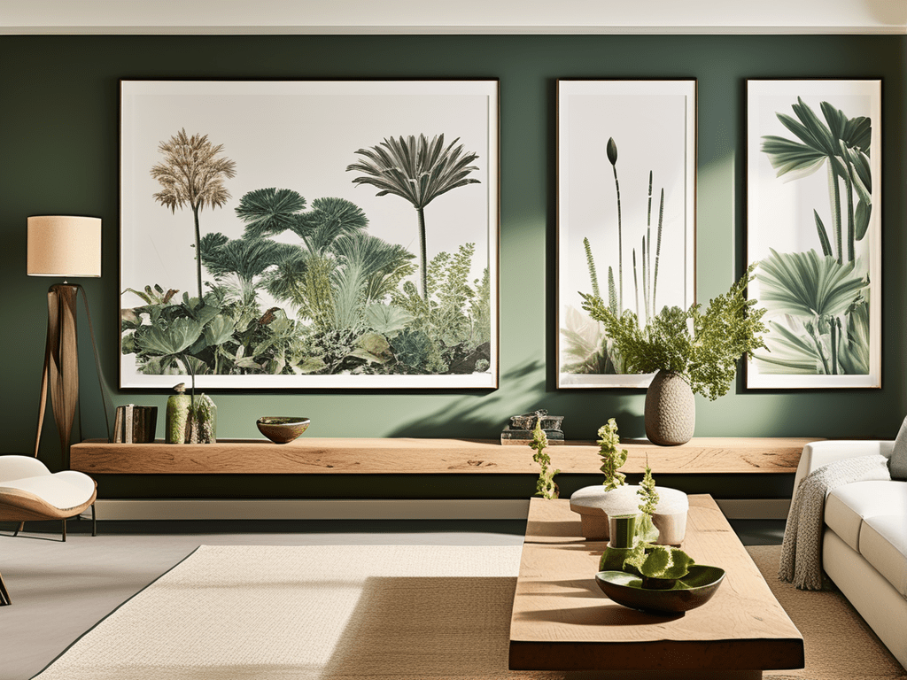 A living room with a dado rail featuring nature-inspired decor, such as botanical prints or natural materials. The dado rail acts as a divider for these elements, bringing the outdoors into the living space. Examples include tropical foliage prints or organic materials like repurposed wood or stone above the dado rail.