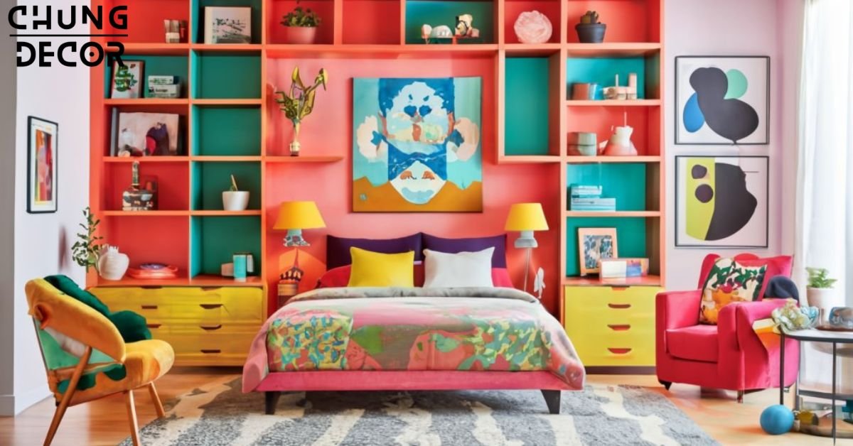 The image showcases an 80s bedroom inspired by the Memphis Design Movement. The room features bold colors and geometric patterns, with furniture pieces characterized by unconventional shapes and playful details. A geometric shelving unit in vibrant hues is a focal point, displaying eclectic decor items and accessories. Abstract artwork adorns the walls, adding visual interest and texture. With its bold colors, geometric shapes, and diverse aesthetic, the Bedroom captures the essence of the Memphis design era in true 80s fashion.