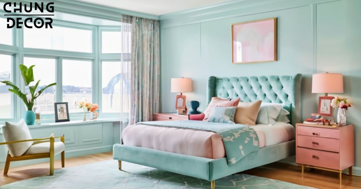 The image showcases an 80s-inspired bedroom with a Miami Vice-inspired pastel color palette. The walls are painted soft baby blue, serving as the backdrop for pastel-colored furniture and accessories. A bed frame in mint green stands out against the pastel walls, adorned with coordinating bedding and throw pillows in peachy pink and lavender. Metallic accents like a gold lamp base and picture frames add a touch of glamour to the space, while mirrored surfaces reflect light and create a sense of spaciousness. With its chic pastel palette and subtle nods to 80s style, the Bedroom captures the essence of Miami Vice-inspired decor.