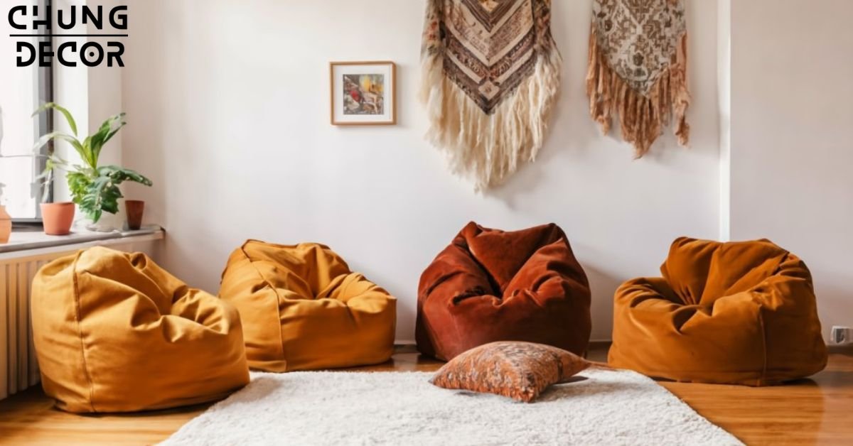 The image depicts a cozy 70s-inspired bedroom with a shag carpet and bean bags. The shag carpet, in a warm shade of brown, covers the floor, adding texture and comfort to the space. A pair of bean bags in retro patterns sit in the corner, providing casual seating options for relaxation. Macramé wall hangings adorn the walls, adding a bohemian touch, while vintage lamps with fabric lampshades cast a soft glow throughout the room. The Bedroom captures the essence of 70s design with its laid-back atmosphere and retro accents.