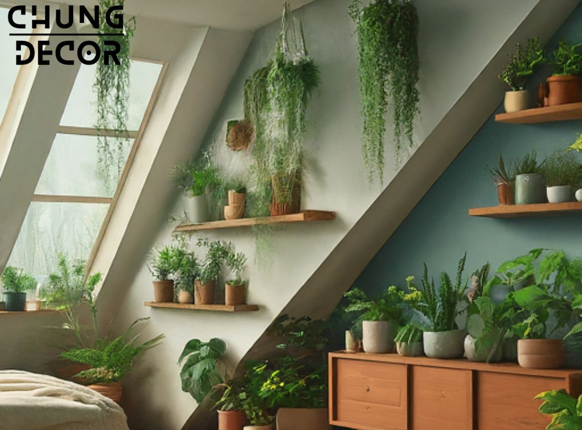 The image features a serene, slanted wall bedroom adorned with lush green plants. A variety of low-maintenance plants are strategically placed throughout the room, adding freshness and vibrancy to the space. Succulents sit atop bedside tables and shelves while trailing plants hang from the ceiling, creating a dynamic and visually appealing display. 