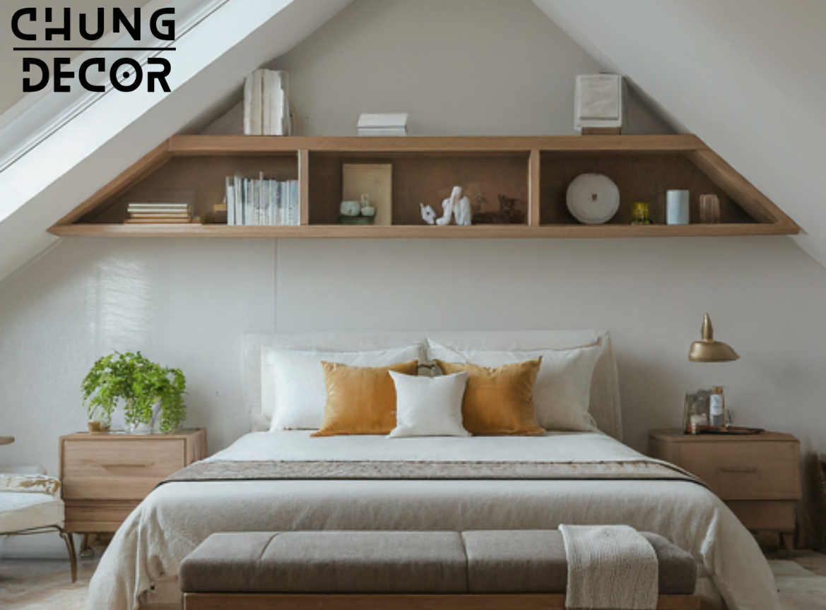 The image showcases a cozy slanted wall bedroom adorned with an array of textures and patterns. A soft knit blanket drapes over the bed, adding warmth and texture to the space. Plush throw pillows in varying textures and patterns are arranged on the bed, creating a cozy and inviting atmosphere. A fluffy area rug with a subtle geometric pattern anchors the space and adds visual interest to the floor. 