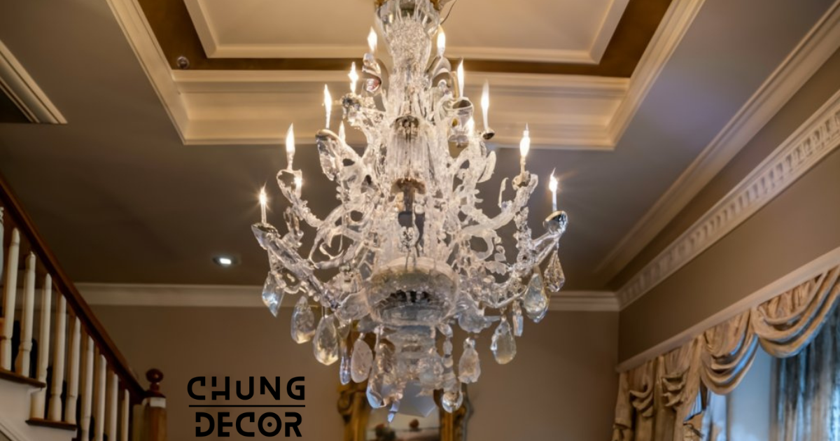 A close-up view of a crystal chandelier hanging from the ceiling, casting a radiant glow throughout the mansion bedroom. The chandelier features cascading crystal beads and intricate metalwork, exuding luxury and sophistication. Soft, warm light emanates from the chandelier, illuminating the room and highlighting the opulent decor.