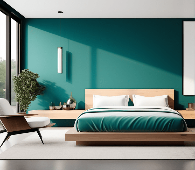 a modern, minimalist bedroom featuring dark teal as the backdrop. Clean lines, monochromatic furniture, and a statement bedframe create a striking contrast against the rich teal wall, highlighting the color's depth.