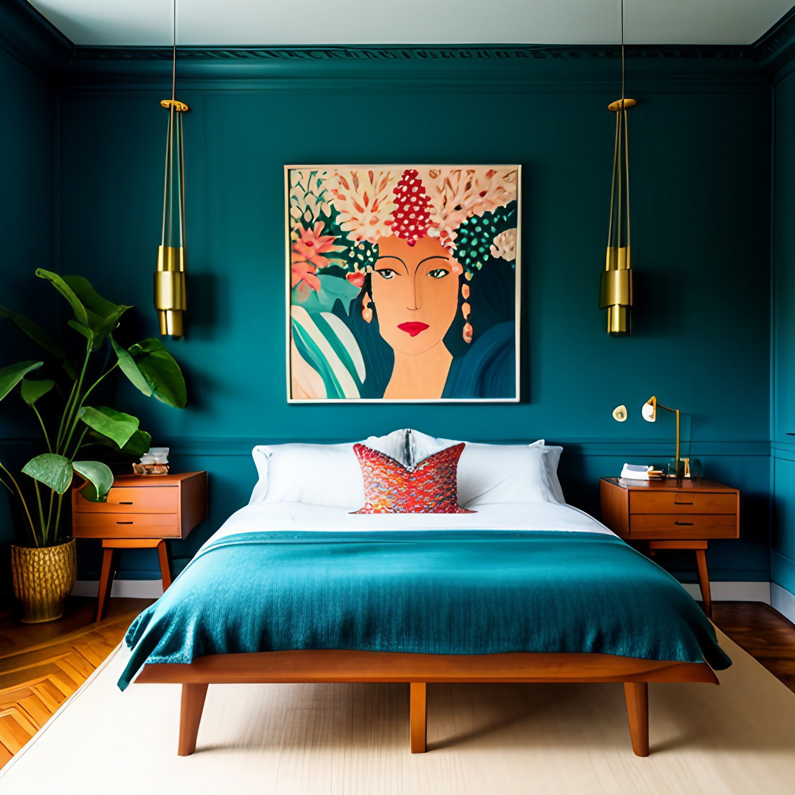 a dark teal bedroom designed for the bohemian maximalist. Layers of textiles, cascading plants, and captivating art create a vibrant sanctuary. The dark teal bedroom serves as a grounding canvas, allowing patterns, prints, and textures to weave a tapestry of comfort and style.