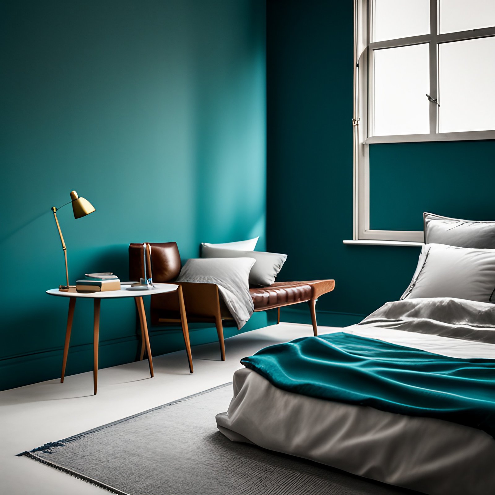 A dark teal bedroom with beautifully decorated with a white bed and teal blanket, a rug, chair and tale with study lamp.