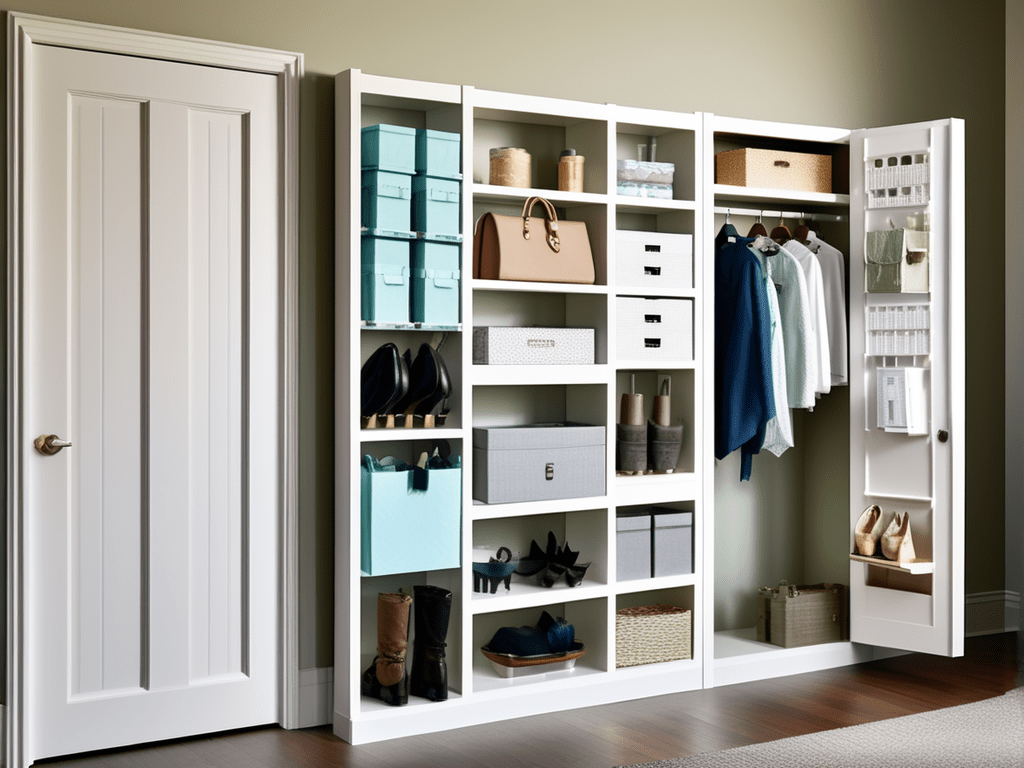 The back of a bedroom door with an over-the-door hanging organizer. The organizer has multiple pockets perfect for storing shoes and accessories, keeping them easily accessible yet out of the way.