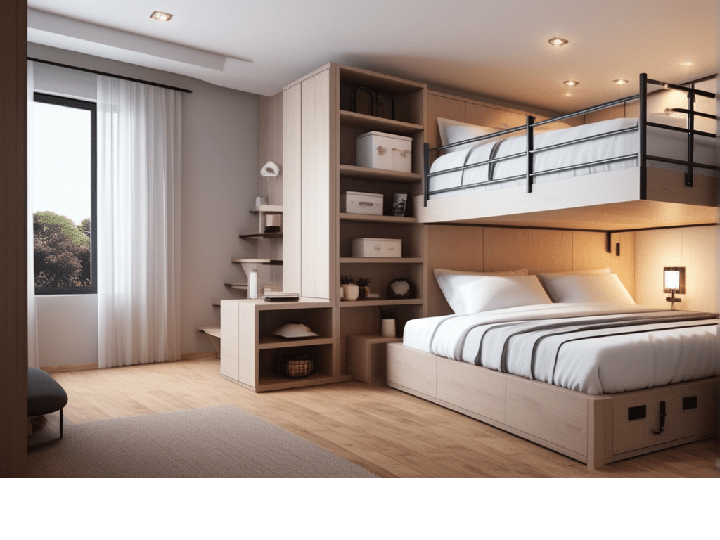 Storage Ideas in the Bedroom with a bed that has storage space underneath it. The space under the bed is cleverly utilized with under-bed storage containers, maximizing storage capacity in the room.