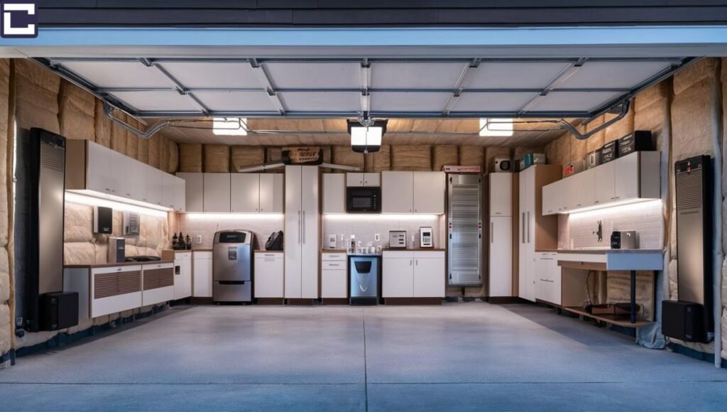 A well-organized heating your garage for free interior with energy-efficient appliances, including heaters, light fixtures, and electronics, contributing to free heating.