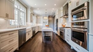 A modern kitchen featuring sleek dark hardwood flooring, white cabinetry, and stainless steel appliances. The contrast between the dark floor and light elements creates a chic and timeless aesthetic, enhanced by the abundance of natural light streaming through large windows.