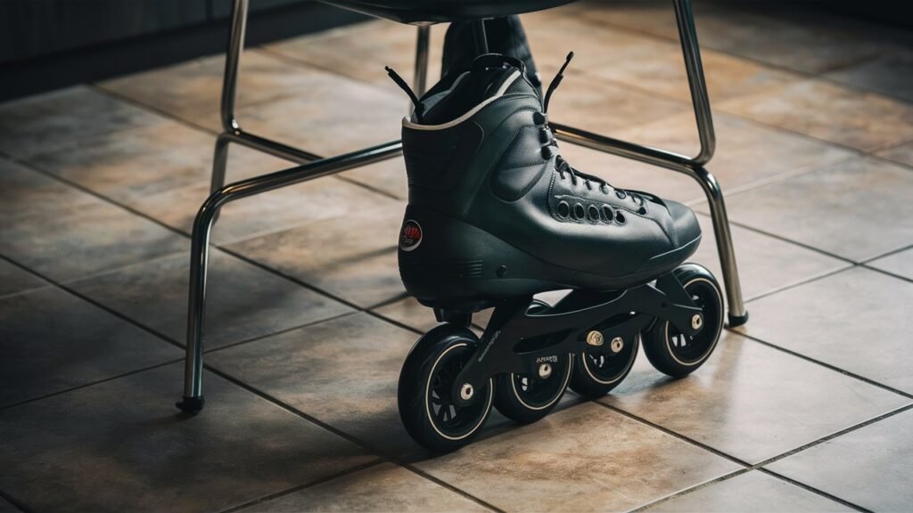 An image of Office Oasis Rollerblade Style Chair Wheels, highlighting their sleek black finish and rollerblade-inspired design. The wheels are positioned under a contemporary kitchen chair, illustrating their smooth maneuverability on a tile floor.