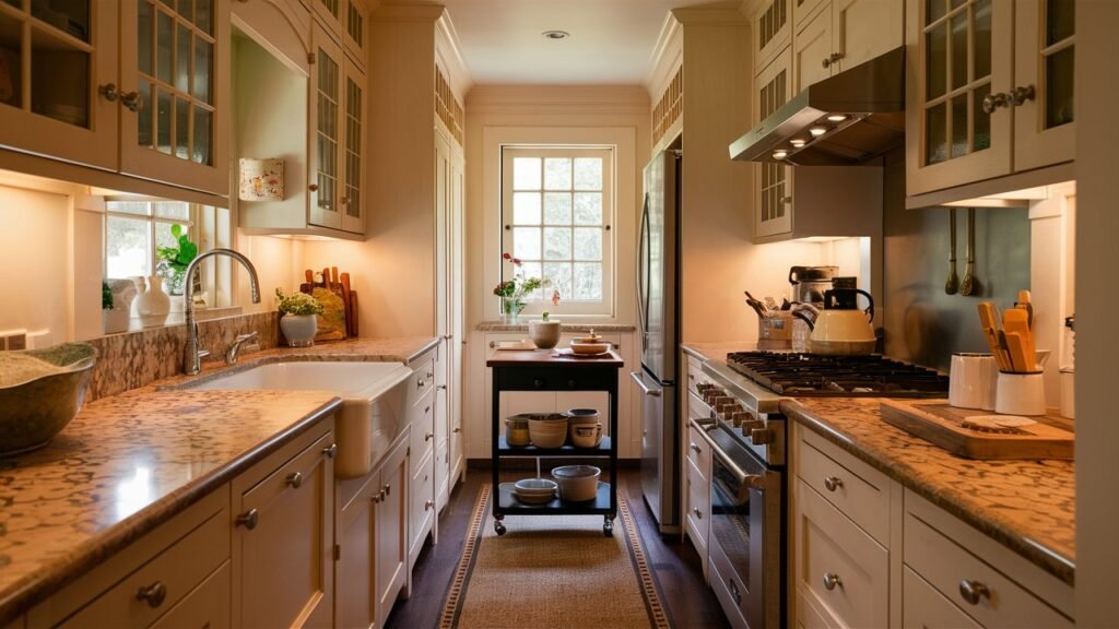 "Efficient layout of a small galley kitchen ideas with a classic design featuring a walkway between parallel counters. The sink, stove, and refrigerator are arranged in a triangle to maximize efficiency, with a rolling cart providing extra workspace and storage."

