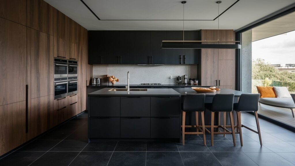 A contemporary kitchen with dark tile floors, sleek cabinets, and minimalistic decor. The combination of dark and modern elements creates a cool and stylish kitchen.