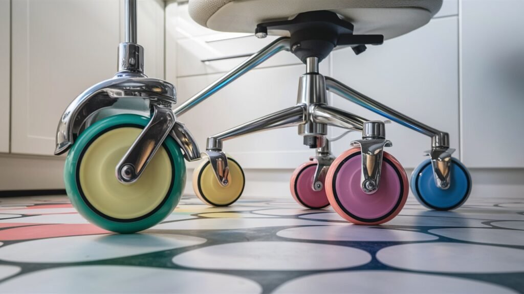 An image of SunnieDog Office Rollerblade Chair Casters featuring their vibrant, colorful design. The wheels are displayed under a stylish kitchen chair, capturing their playful aesthetic and smooth rolling on a kitchen floor.