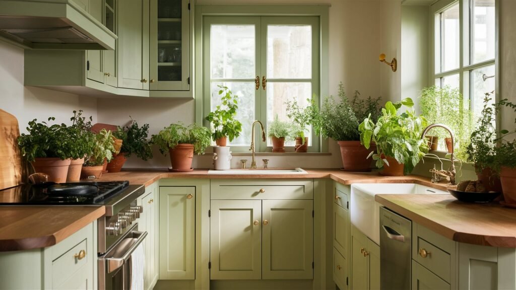 A serene kitchen cabinet color trends with soft green cabinets, wooden countertops, and plants, creating a calm and peaceful ambiance.