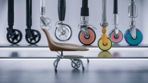 A high-resolution image of various kitchen chair rollers displayed on a clean, minimalist background. The image showcases a range of roller designs, including sleek black rollerblade-style wheels, transparent polyurethane wheels, and vibrant, colorful casters. This visual representation highlights the diversity in style and functionality available for enhancing kitchen chair mobility and aesthetics.