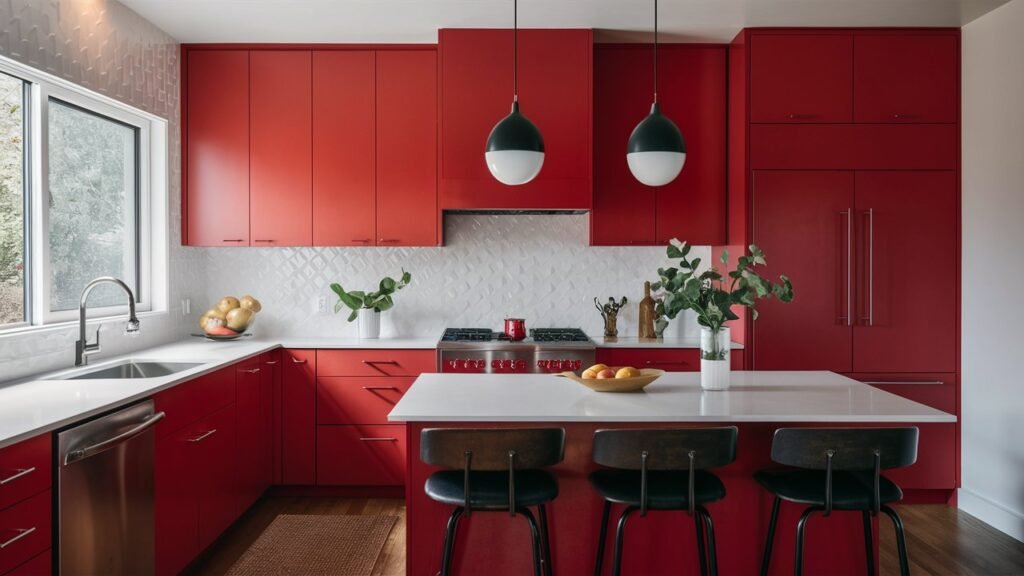 A kitchen with bright red cabinets, illustrating a once-fun trend that is now considered too intense for 2024.