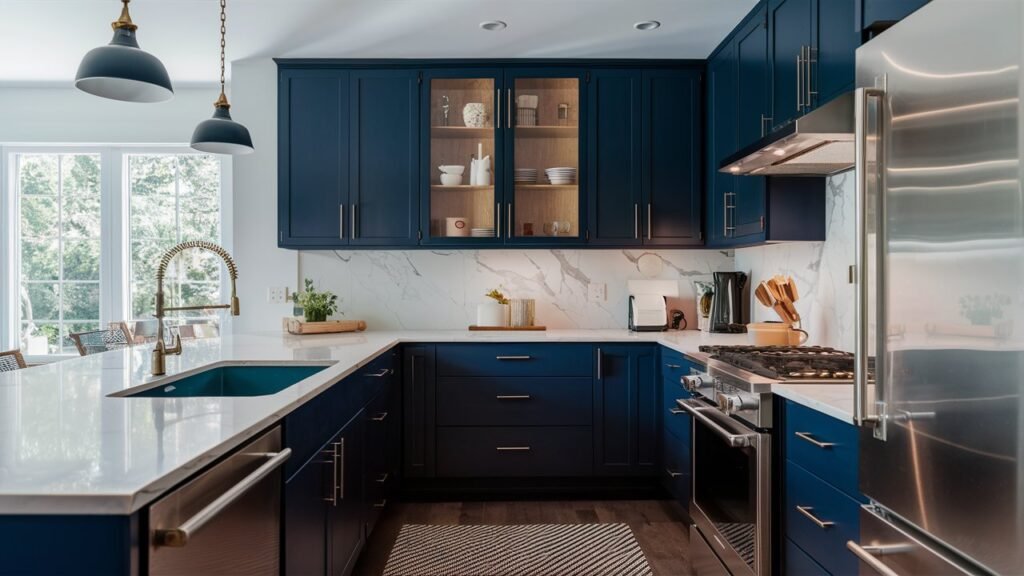 A kitchen cabinet color trends with deep navy blue cabinets, white marble countertops, and stainless steel appliances, exemplifying the bold blue trend for 2024.