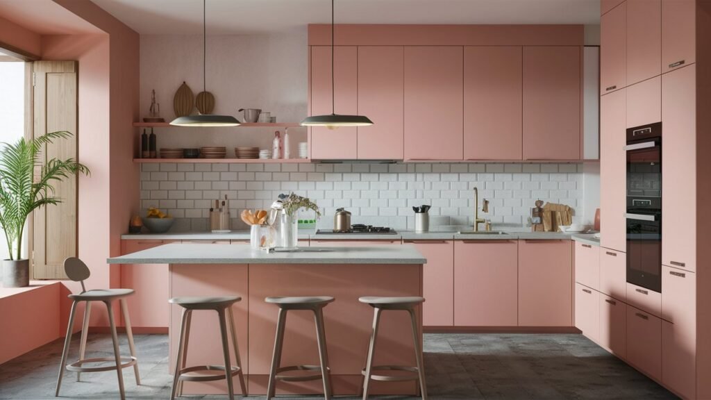 A kitchen with pastel pink cabinets, representing a trend that is falling out of favor in 2024 due to a preference for more sophisticated and timeless colors.