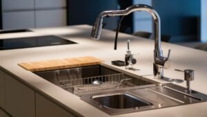 A modern kitchen wash basin accessories showcasing a sleek, undermount wash basin with a high-arc pull-down faucet. The basin area is accessorized with an integrated soap dispenser, a stainless steel sink grid, and a built-in colander. The countertop is clutter-free, featuring a cutting board sink insert and stylish, minimalistic design elements that highlight the functionality and aesthetics of the space.